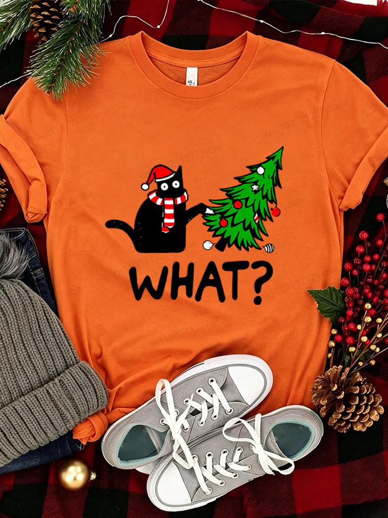 Christmas Funny What Black Cat Graphic T-shirt Women Men Cartoon Cat Xmas Tree Print Short Sleeve Tee Xmas Holiday Clothing Gift