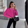 QICED Spring Summer POLO Neck Fashion Diamond Set Loose Long-sleeved Button-down Shirt Blouse Woman