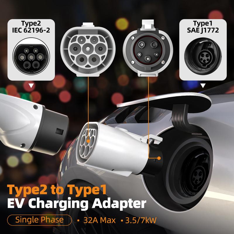 Feyree EV Charger Adapter Type2 to Type1 Car Charging Socket AC Charger Adapter 32A 1Phase 3.5KW 7KW Max for Electric Car
