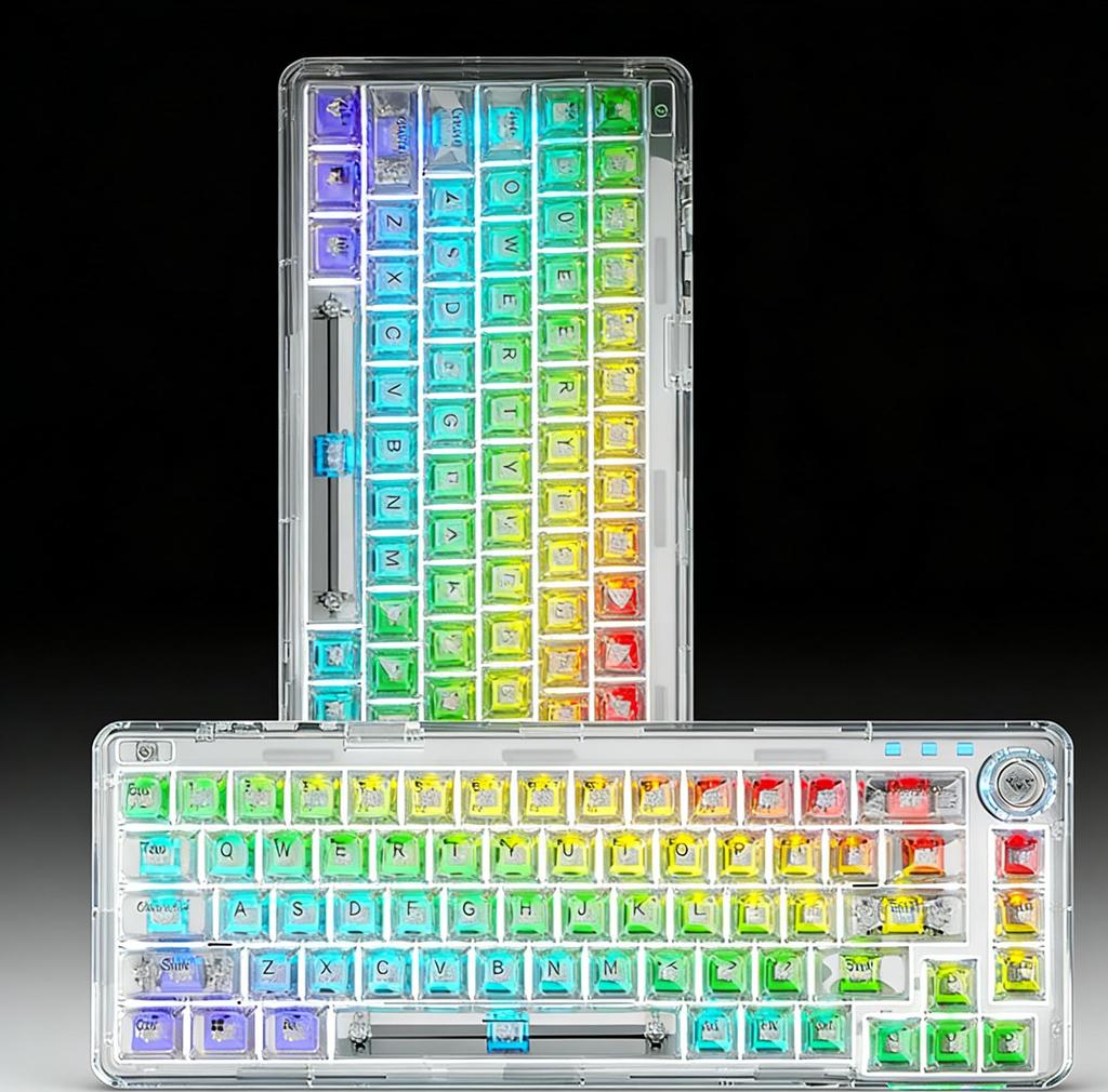 3-in-1 Transparent Mechanical Keyboard, Hot Swappable, RGB Backlit, Custom Keycaps for Gaming Office