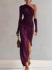 New European and American Style Purple Pleated Long-sleeved Shoulder Dress Women's Slim Temperament Dress Dress
