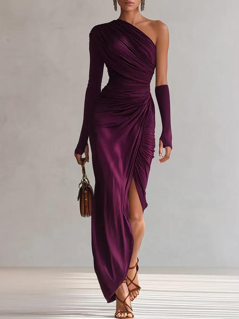 New European and American Style Purple Pleated Long-sleeved Shoulder Dress Women's Slim Temperament Dress Dress