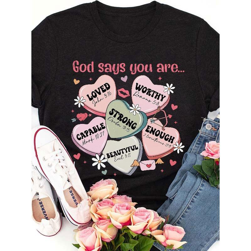

Women s Valentine s Day Inspirational Heart Floral T-Shirt Crew Neck Casual All Season Plus Size 4XL чорний