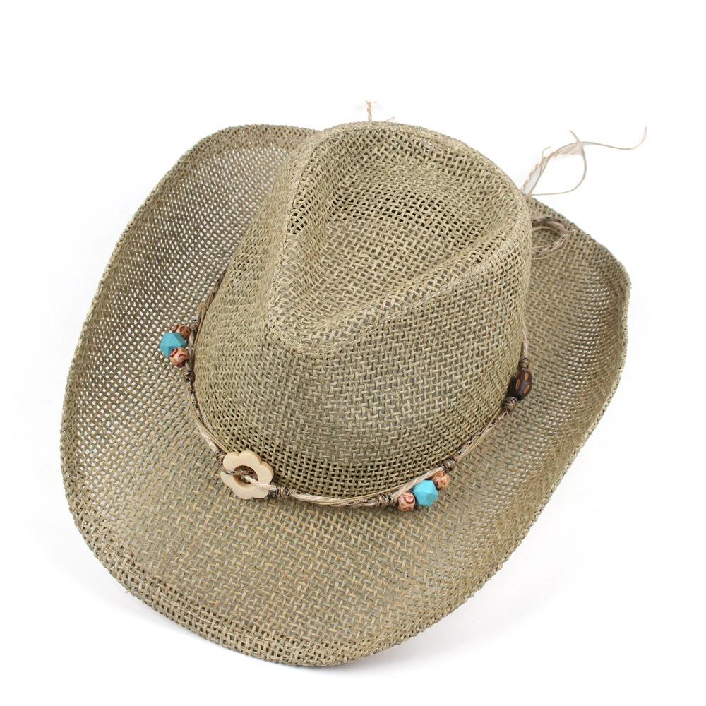Handmade Hollow Woven Straw Hat, Spring Summer Breathable Outdoor Sun Protection Western Cowboy Curved Brim Cap