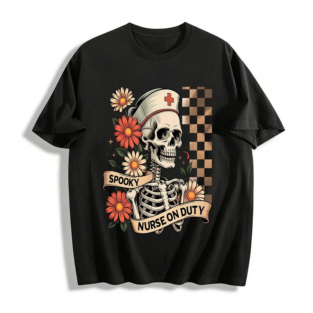 

Spooky Nurse On Duty Skeleton Print Halloween Nurse Themed Top Pure cotton T-shirt XXS