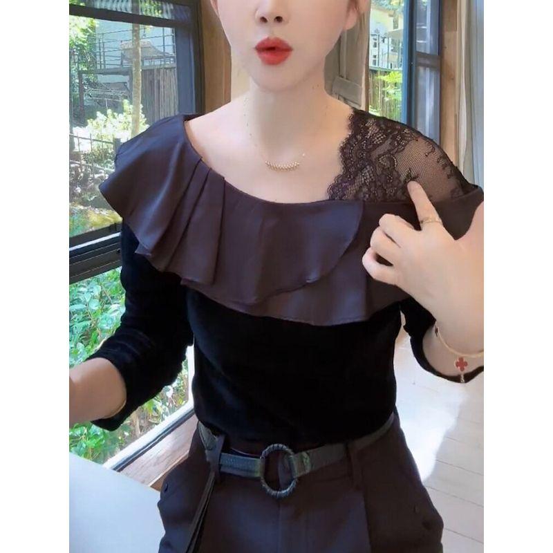 2026 Autumn New Korean Style Plus Size Off-Shoulder Lace Ruffle Patchwork Long Sleeve Slimming Top Versatile and Stylish