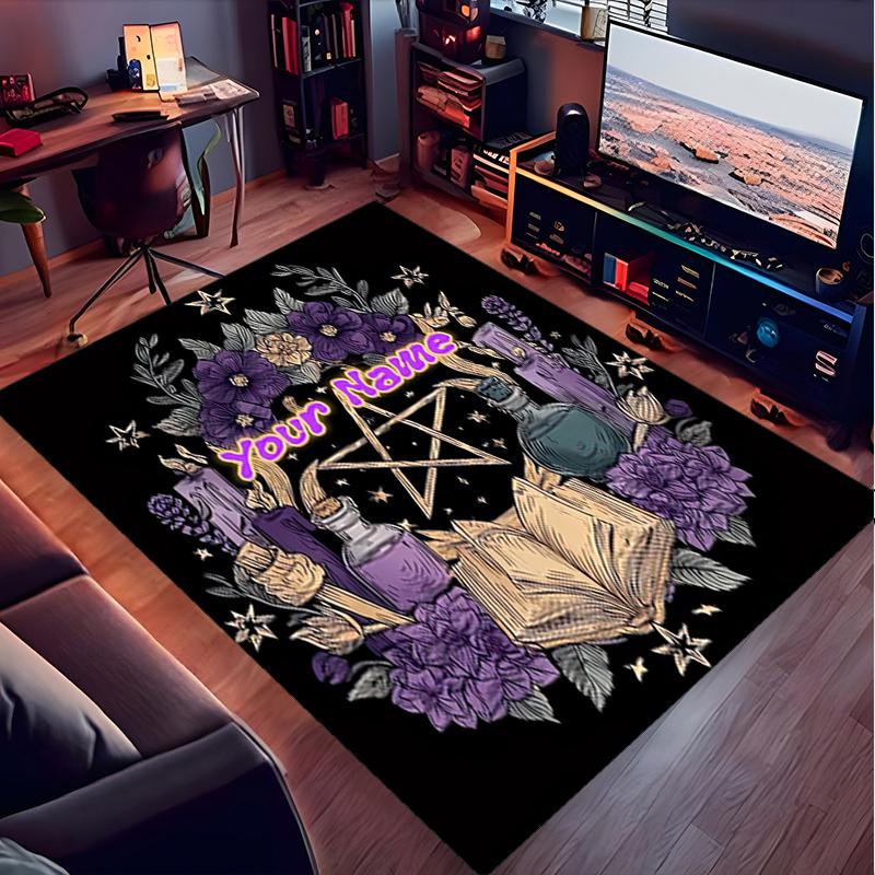 1PC Custom Name Witchcraft Spell Book Theme Floor Mat Ideal for Living Room, Game Rooms, Office, Bedroom,Floor Mat Playful Design