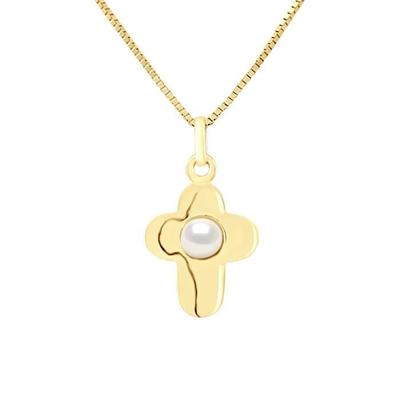 Kinderanhänger - LÉA &; ARTHUR - Kreuzmotiv - 375 Gelbgold - Weiße Perle - Mädchenschmuck