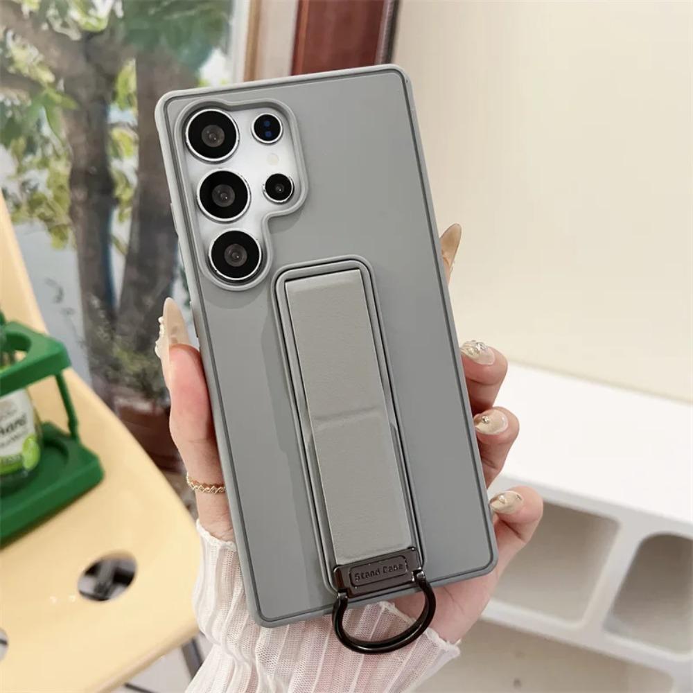 Leather Stand Holder Ring Wrist Strap Phone Case For Samsung Galaxy S26 Ultra S25 S24 S23 Plus Button All Inclusive Bracket Shockproof Protect Cover