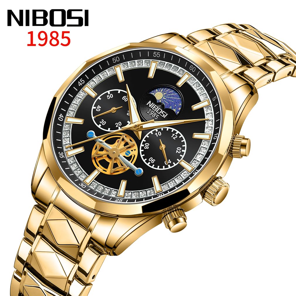 NIBOSI Business Große Marke Metall Edelstahl Uhr für Herren Herrenarmbanduhr, Chronograph, Zifferblatt, Name, Stilvoll, Lässig, Armband, Stahl, Analog, Skelett,