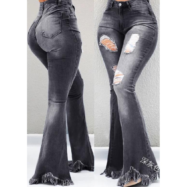 

Fashionable new distressed ripped high-waisted jeans with frayed edges and a slimming effect, slightly flared denim pants for women 3XL темно-сірий
