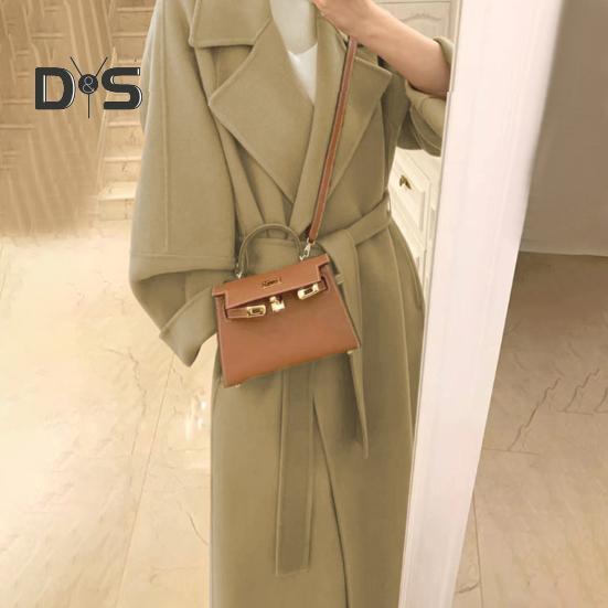 Sobretudo de inverno feminino com cinto, gola virada para baixo, bolsos, cardigan de cor pura, casaco de comprimento médio, mangas compridas, térmico, para deslocamento, namoro, casaco de inverno