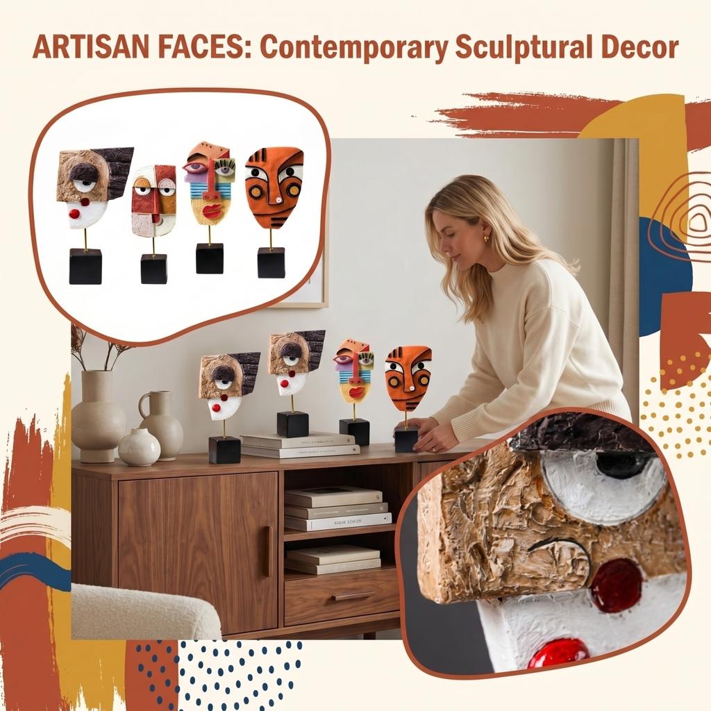 Abstract Modern Art Sculpture Decorative Tabletop Ornament Geometric Face Shape Resin Figurine for Home Office Desk Display