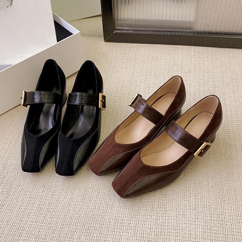 Mary Jane High Heels Women's Thick Heels One-strap Shoes Medium Heel Square Toe Small Leather Shoes