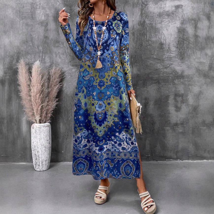 2025 autumn and winter new European and American cross-border Amazon printing long-sleeved fashion dress women s clothing S