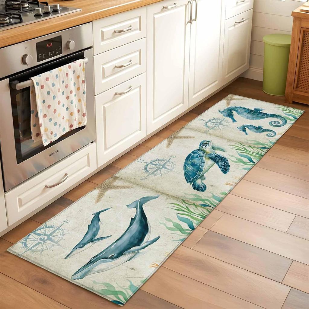 Blue Wave Pattern Runner Rug Ocean Waves Design Non-Slip Absorbent Carpet Home Decor Bedside Mat Hallway Entrance Doormat
