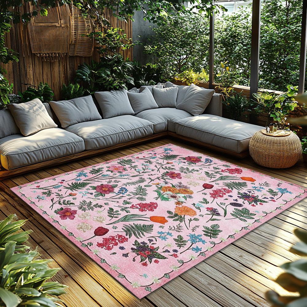 Pink Floral Bohemian Area Rug, Flower Pattern Non-Slip Carpet, Soft Living Room Mat for Cozy Home Decor