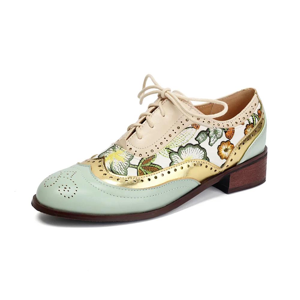 Big Size 43 Women's Vintage Shoes Square Mid Heel Lace-up Retro Floral Print Patchwork Office Lady Casual Shoes