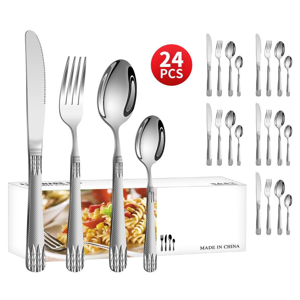 Stainless Steel Embossed Handle Western Food Hotel Tableware Knife, Fork and Spoon Dessert Spoon 24 Pieces Suit