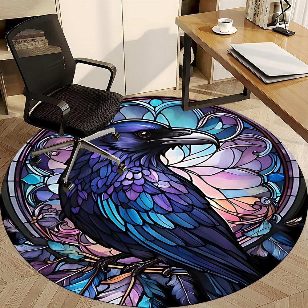 1pc Stained Raven Glass Office Round Area Rug, Under Office Chairs Bedroom Living Room Home Decor, Room Deco