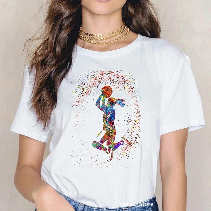 Summer 2024 Watercolor Basketball Girl Art Print Tee Shirt Femme 90s Sports Camisatas Mujer Tees Harajuku Kawaii Tops Tshirts