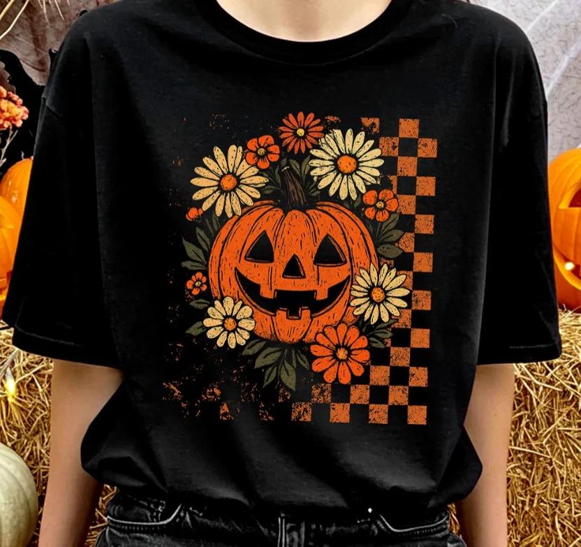 Checkered Floral Pumpkin Halloween Shirt, Retro Preppy Tee for Spooky Season 2XL