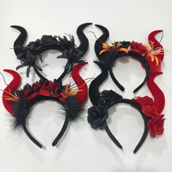 Gothic Red Black Flower Rose Headband Horn Hair Hoop Women Halloween Headband Party Costume Dress Up Carnival Hair Accessories
