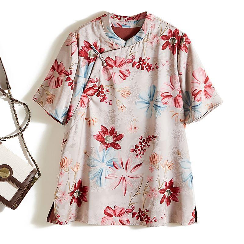 

Love Her Deeply! Chinese Gentle Feeling Women Summer Nude Print Buckle Stand Collar Split T-shirt Easy to Wear Breathable Flower color 4XL