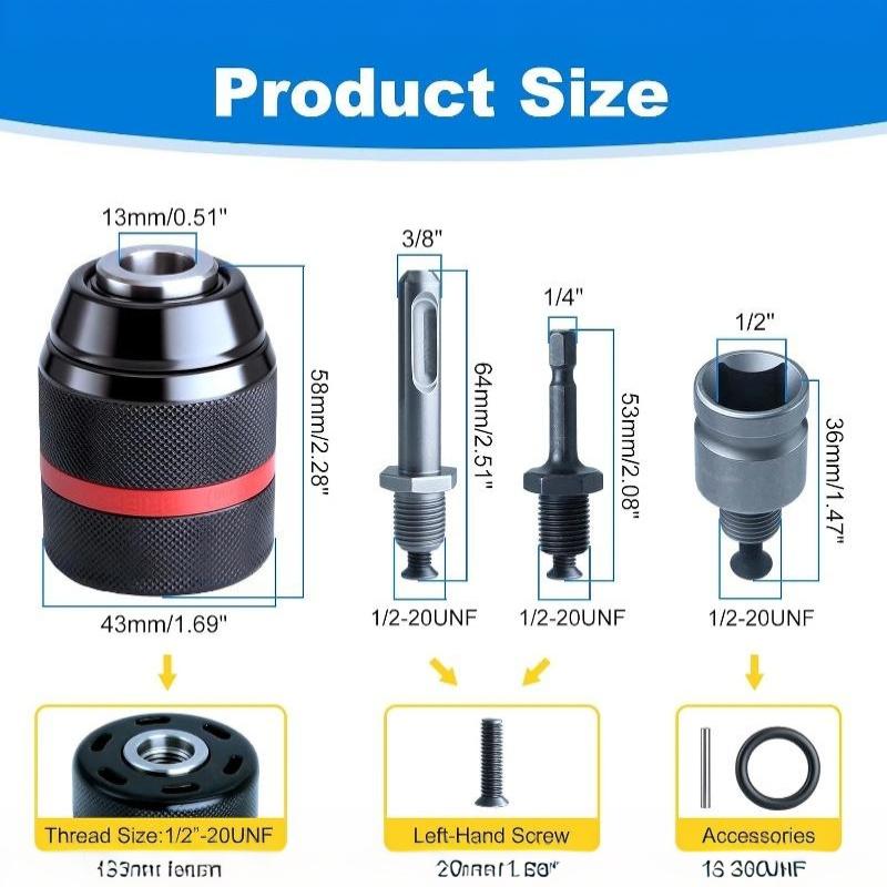 Heavy Duty Drill Chuck Adapter Set Wear Resistant 1.5-13mm Clamping Range for Home DIY Professional Projects