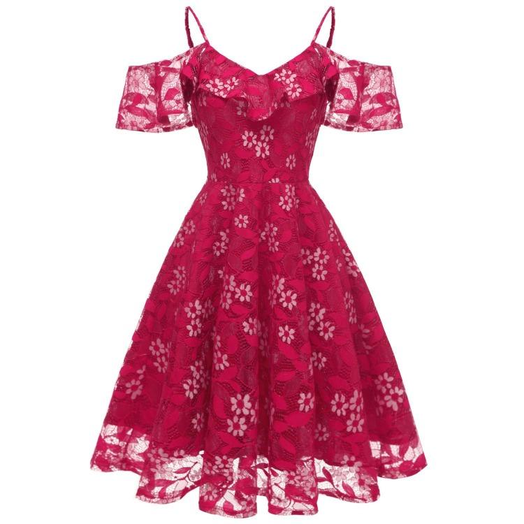 Bright Deer Women Cold Shoulder Bridesmaid Dress Floral Crochet Lace Ruffle Cami Strap Midi Dress for Wedding Evening Formal Party Cocktail Occasions