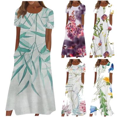 Women's Summer Casual Fashion Floral Print Short Sleeve Round Neck Pocket Dress