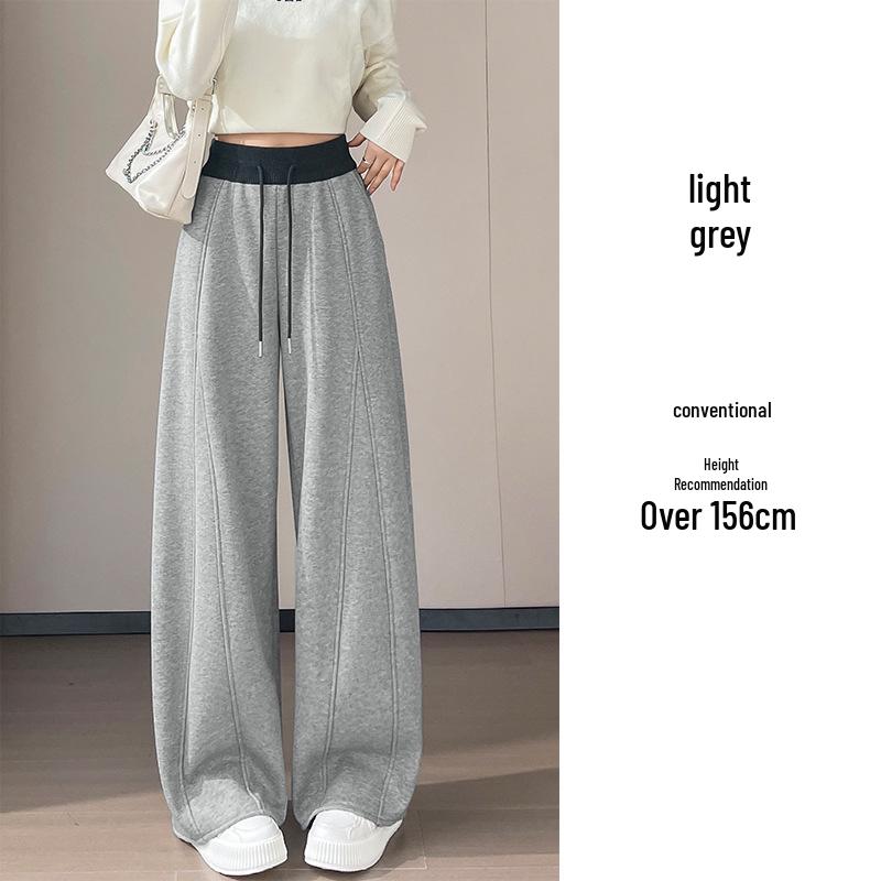 American Trendy Grey Curved-Leg Women's Plus Velvet Thickened Wide-Leg Sweatpants for Autumn/Winter