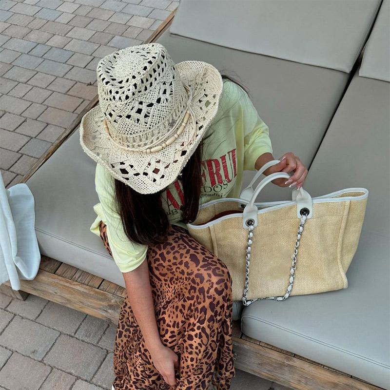 Spring Summer New Hollowed Out Denim Hat Hand Woven Straw Hat Breathable Cool Upturned Edge Top Hat For Women Camping Vacation