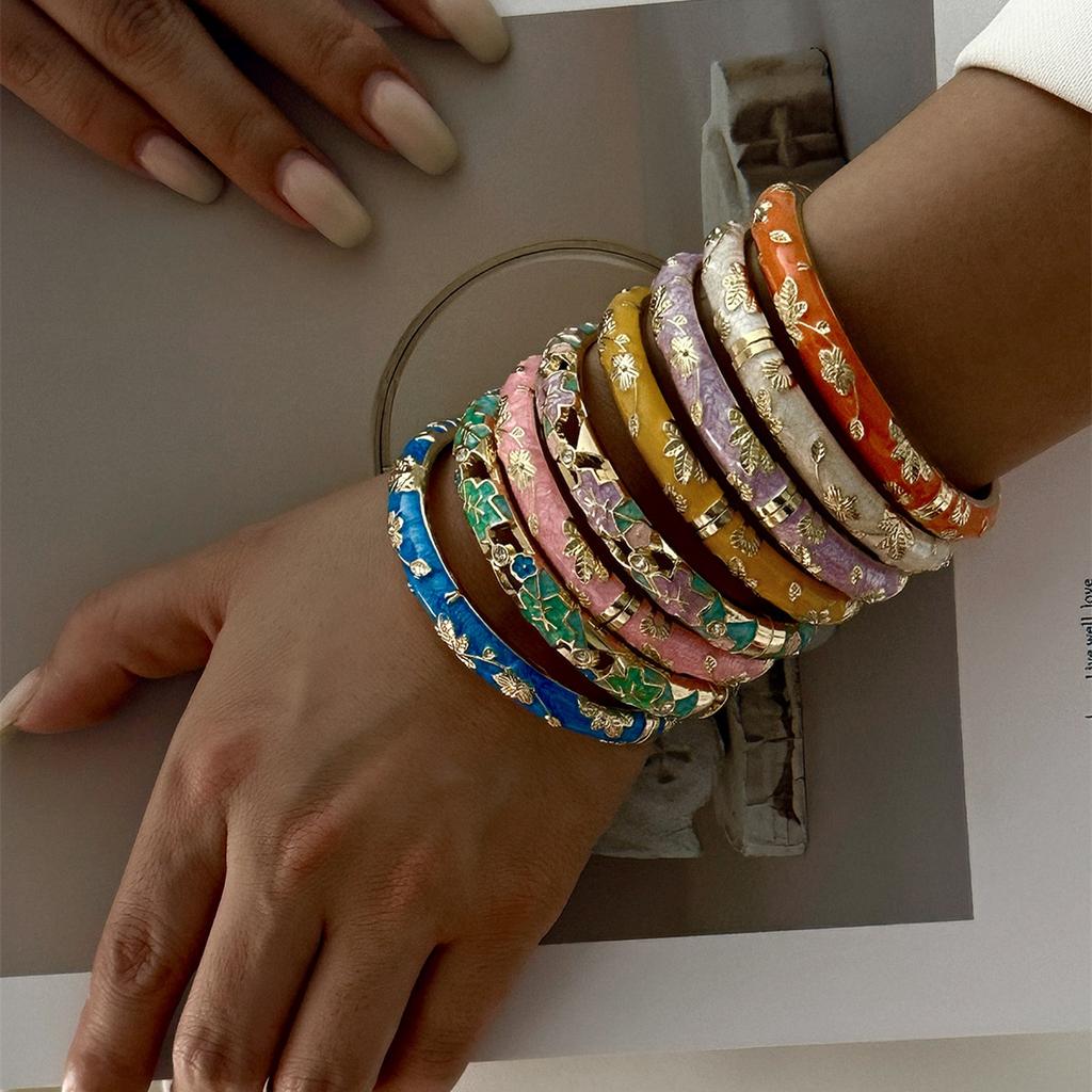 Ethnic Style Luxury Multicolor Enamel Flower Bracelets For Women Gold Color Leaf Floral Cloisonne Bangle Bohemia Charm Jewelry