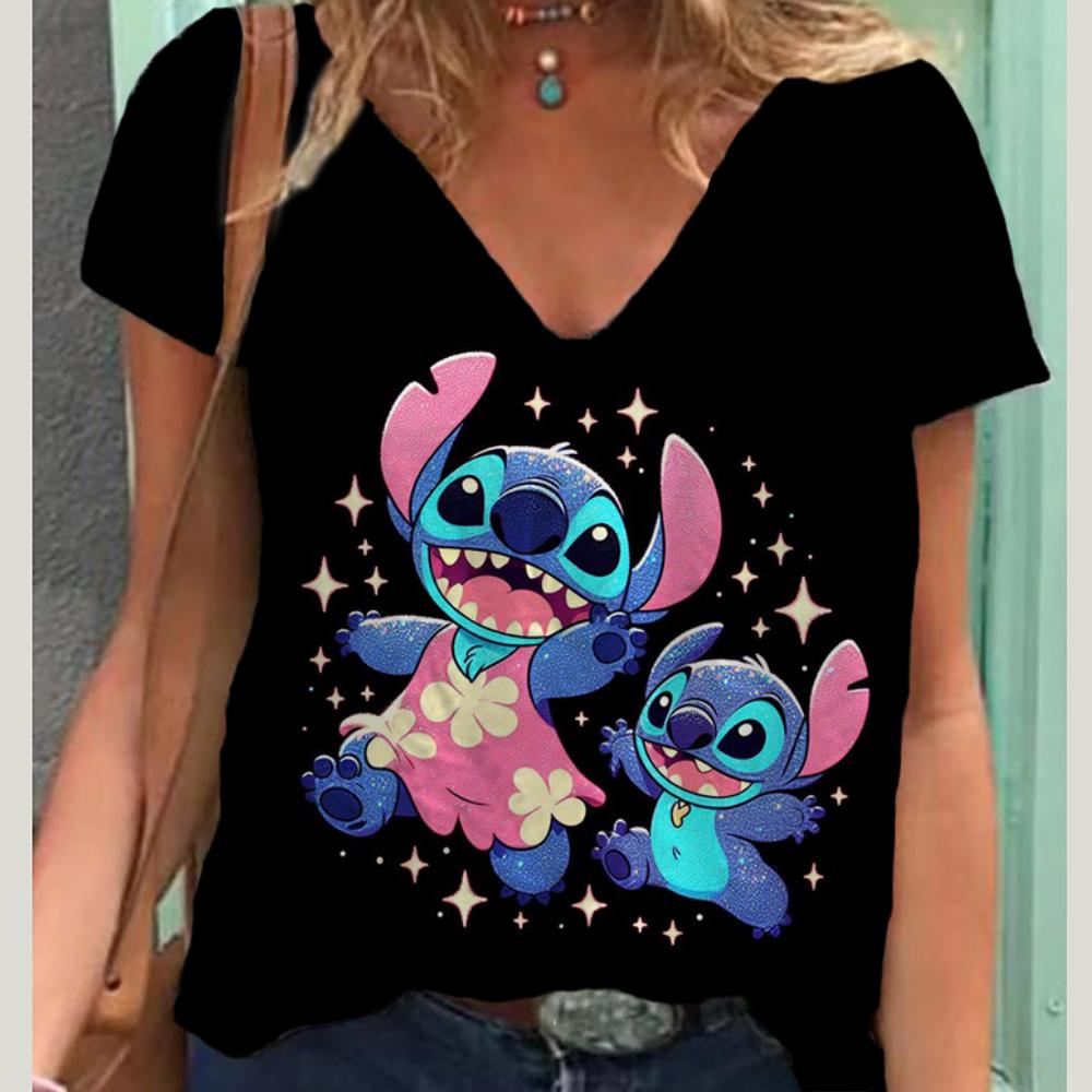 

Літня нова модна жіноча футболка Lilo&Stitch повсякденна коротка футболка Harajuku 3D друкована модна футболка V-подібним вирізом вулична вільна футболка великого розміру XL