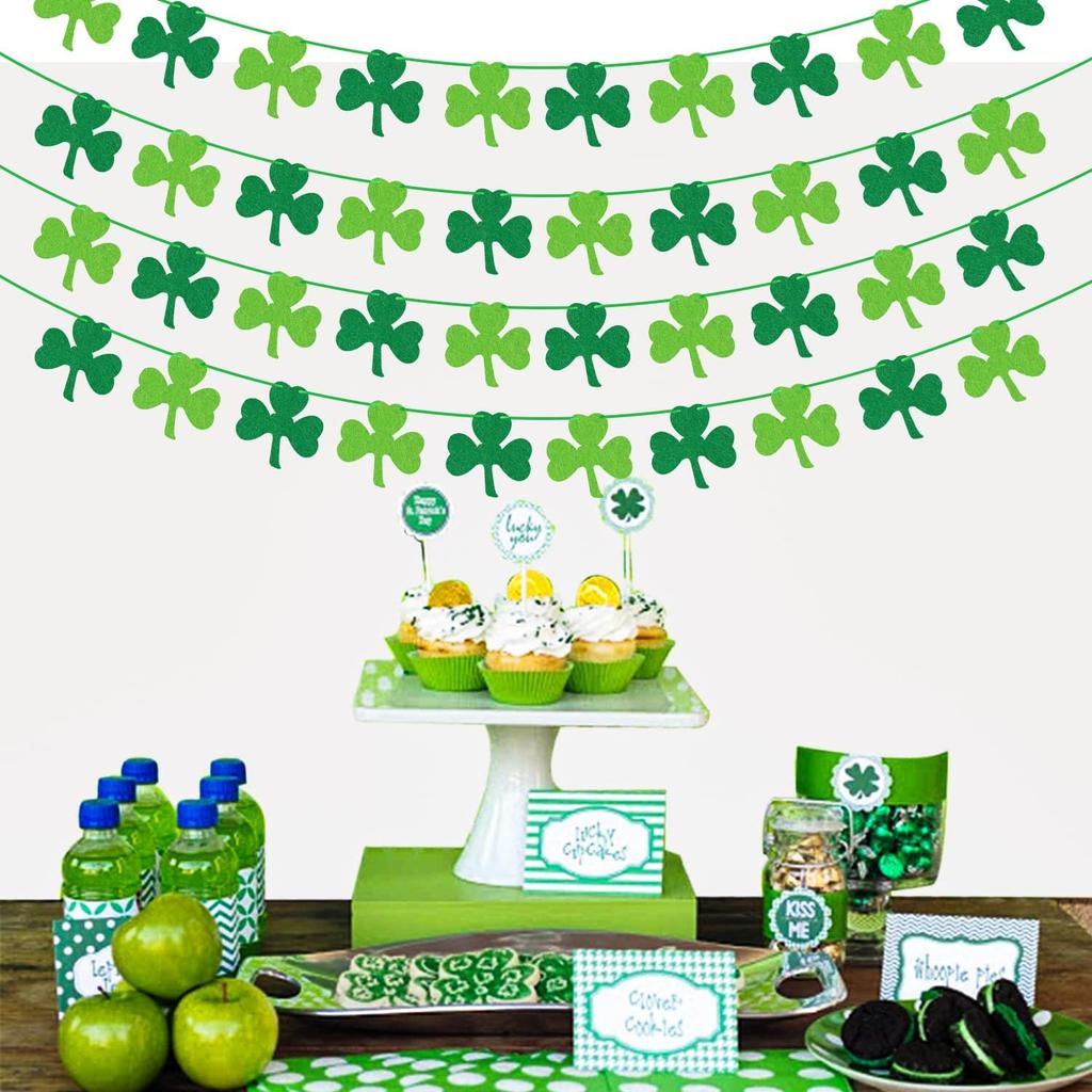 St Patricks Day Decorations 4PCS Felt Shamrock Garland Banner - NO DIY Shamrock Clover Garland Banner for St Patricks Day Decor - Dark Green Light