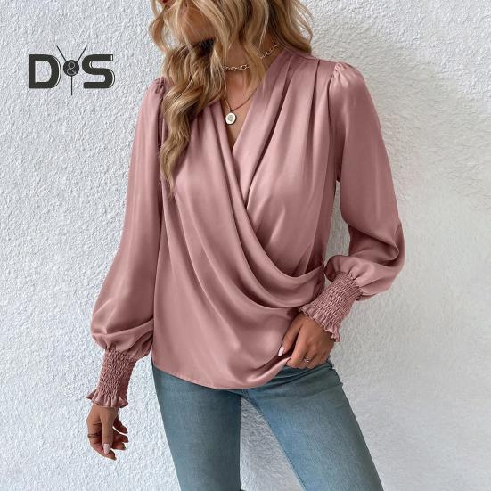Holiday Casual Chic Shirt Women's Elegant V Neck Lantern Sleeve Soft Stylish Commuter Party Solid Color Top