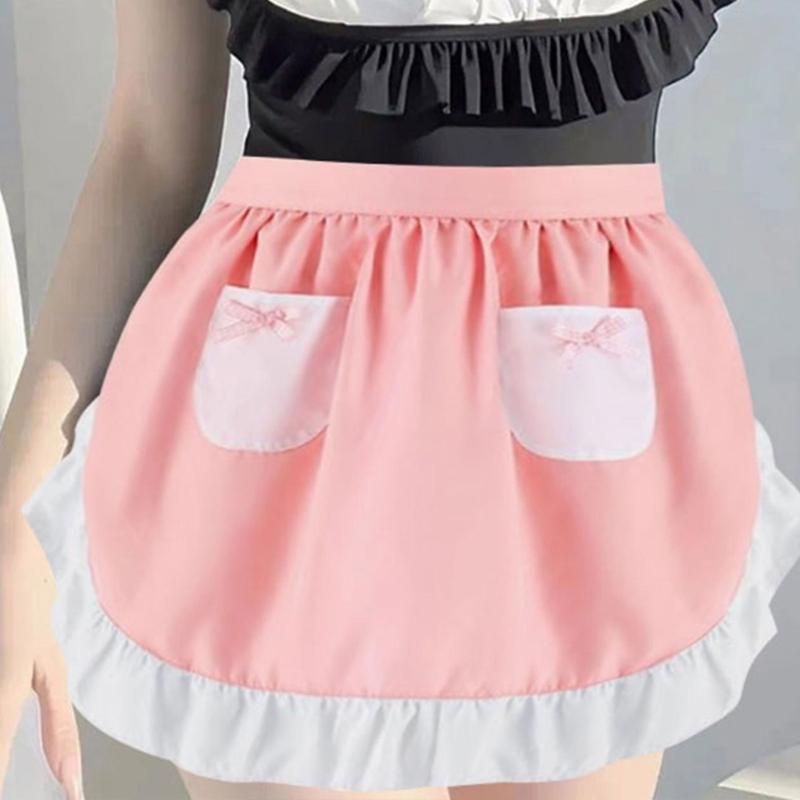 Women Maid Apron Ruffled Waist Apron Halloween Maid Costume Accessories Kitchen Apron with 2 Pocket for Baking Gardening