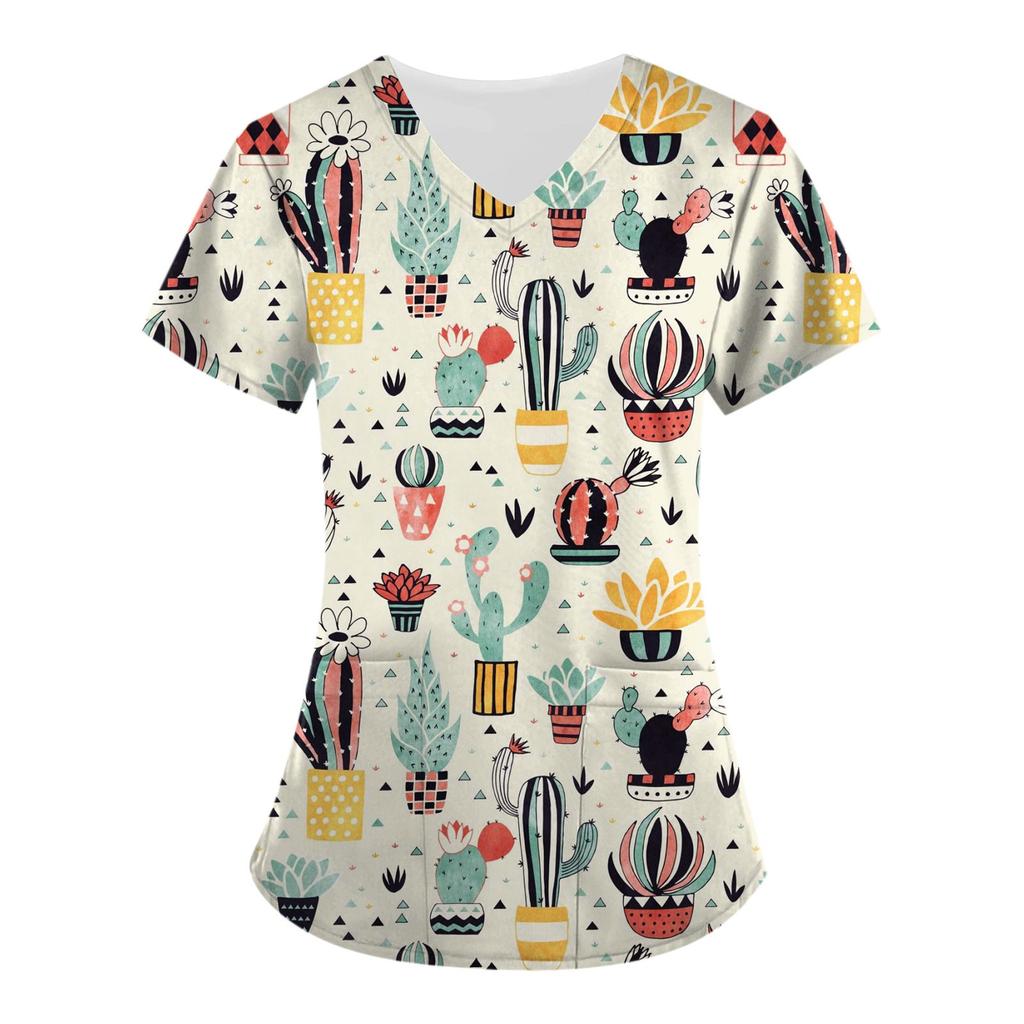 Kvinnors söta djur tryckta kortärmade V-ringade toppar Working Pocket Blus