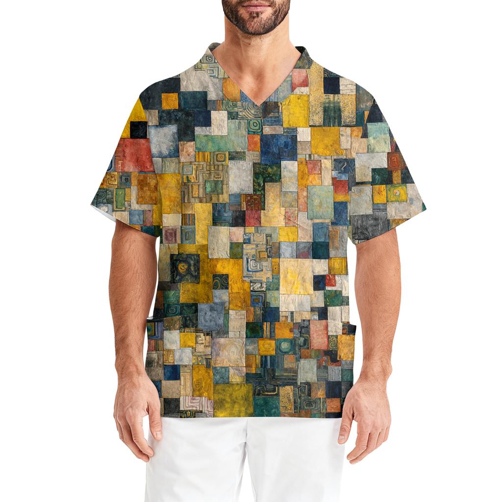 Men's Printing Short Sleeve V-neck Working Blouse Chest Pocket Carer Top