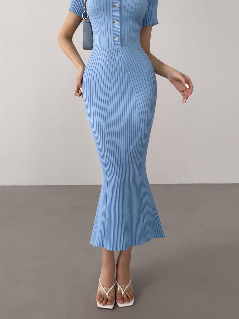 Royal Style Knitted Fishtail Dress: Women's Slim Polo, Short-Sleeve, Autumn/Summer