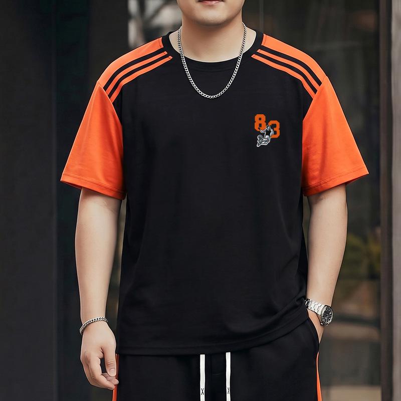 2026 Men's Plus Size Patchwork Short Sleeve Summer Casual Suit - Round Neck Sports Shorts Two-Piece Set