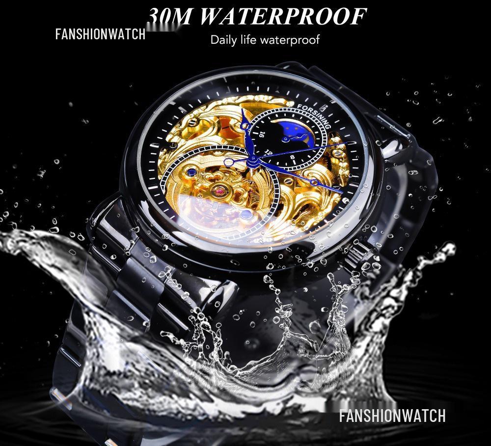 FORSINING Men's Tourbillon Moon Phase Automatic Mechanical Watch with Engraved Hollow Steel Band