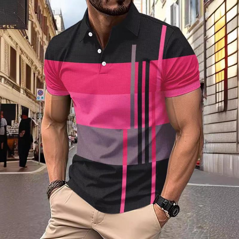 Men Geometric Color Block Short Sleeve Textured Polo Shirt