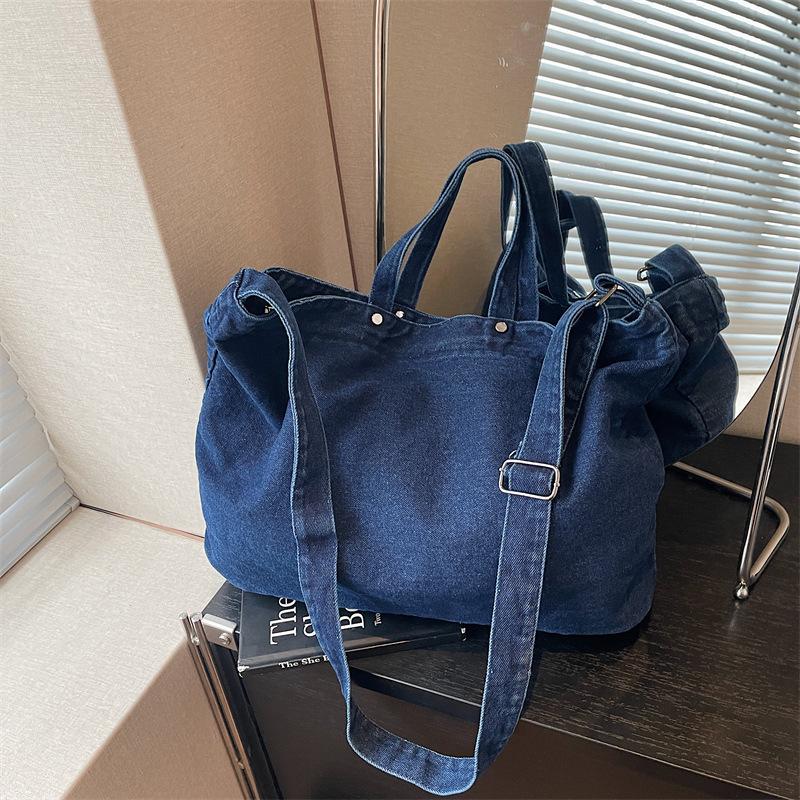 Large Capacity Denim Tote Bag Commuter Handbag Vintage Student Class Shoulder Crossbody Bag