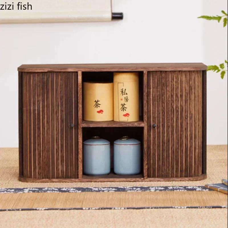 Solid Wood Storage Box Creative Display Rack Tea Cup Storage Rack Storages Cabinet Home Dustproof Rolling Shutter Door Shelf