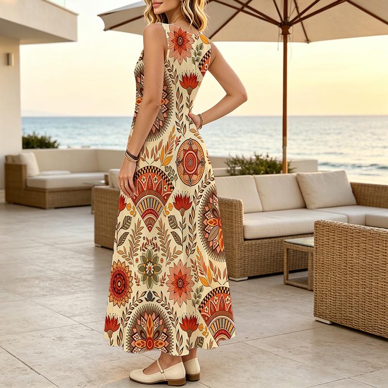 Longline Tank Dress,Relaxed Sleeveless Soft Cotton Dress,Retro Ethnic Style Ideal for Travel Vacation Photos,Daily Casual & Getaway Wear