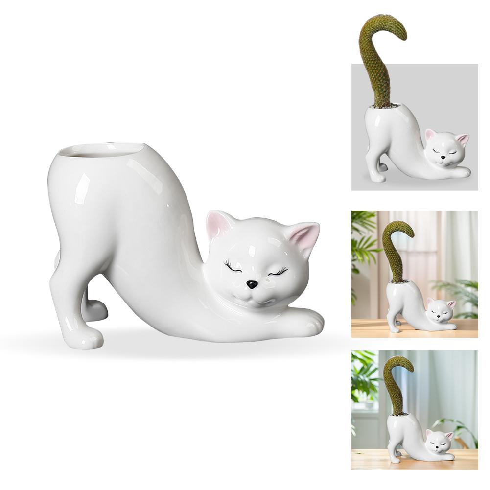 Ceramic Cat Shape Succulent Pot Cute Animal Cactus/Flower Container with Drainage Hole for Home Office Desk Windowsill Decor