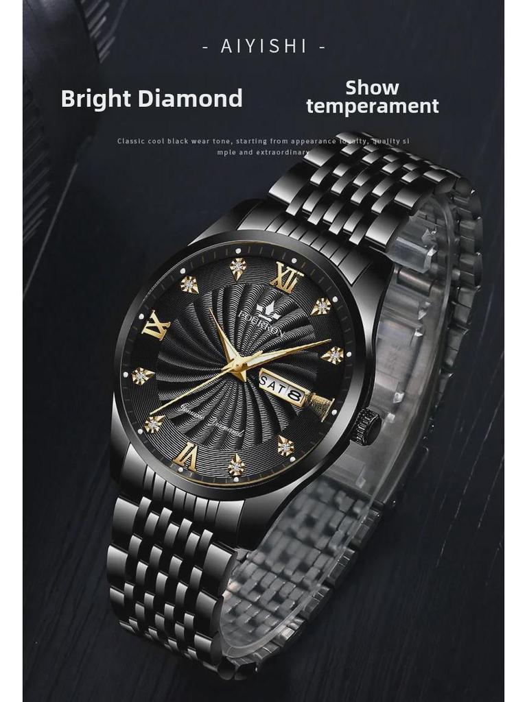 Men's Diamond Quartz Watch with Luminous Double Calendar