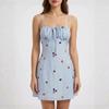 European and American style color embroidered suspender dress, light blue square neck drawstring waist A-word short skirt